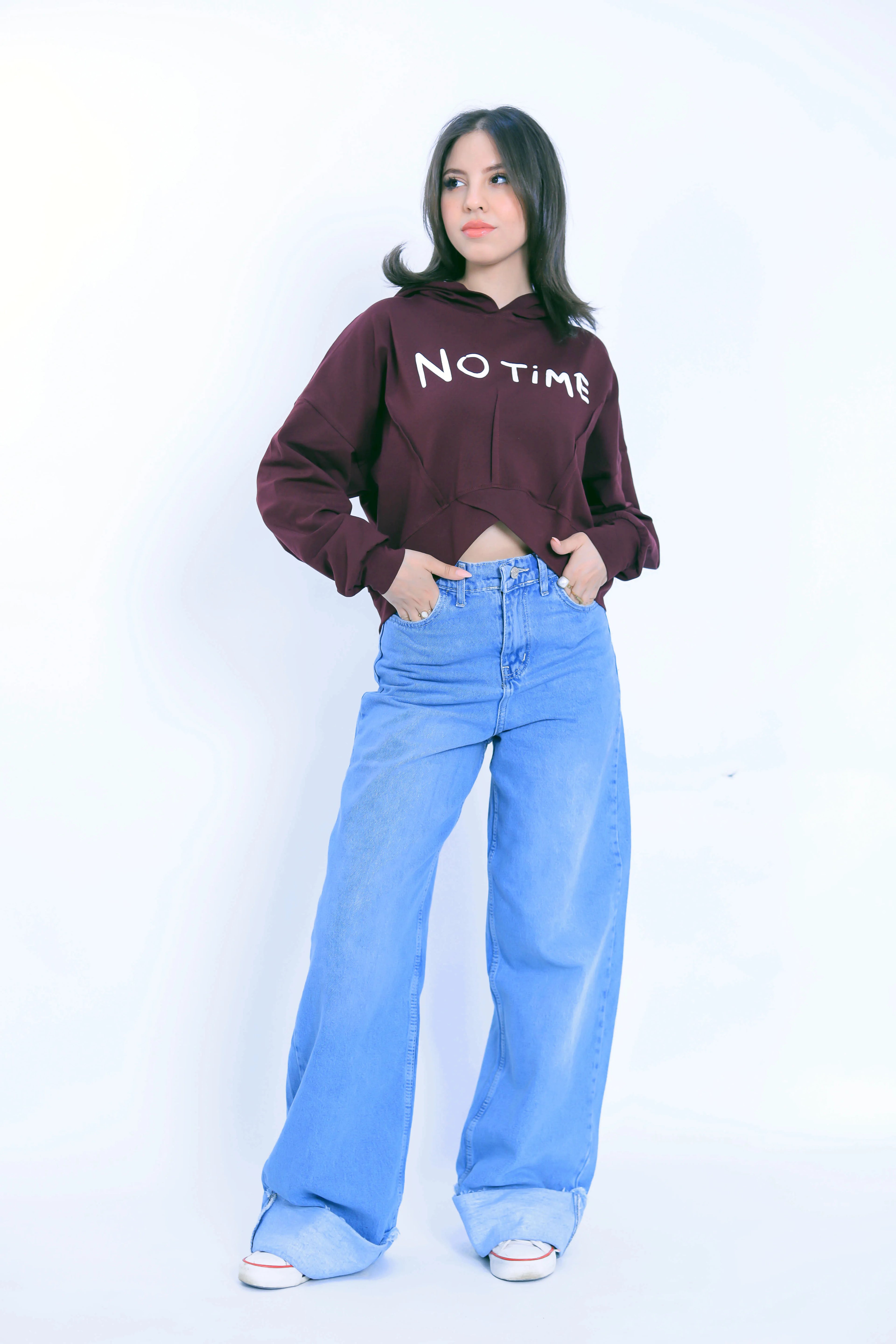 No Time Cropped Hoodie - Burgundy