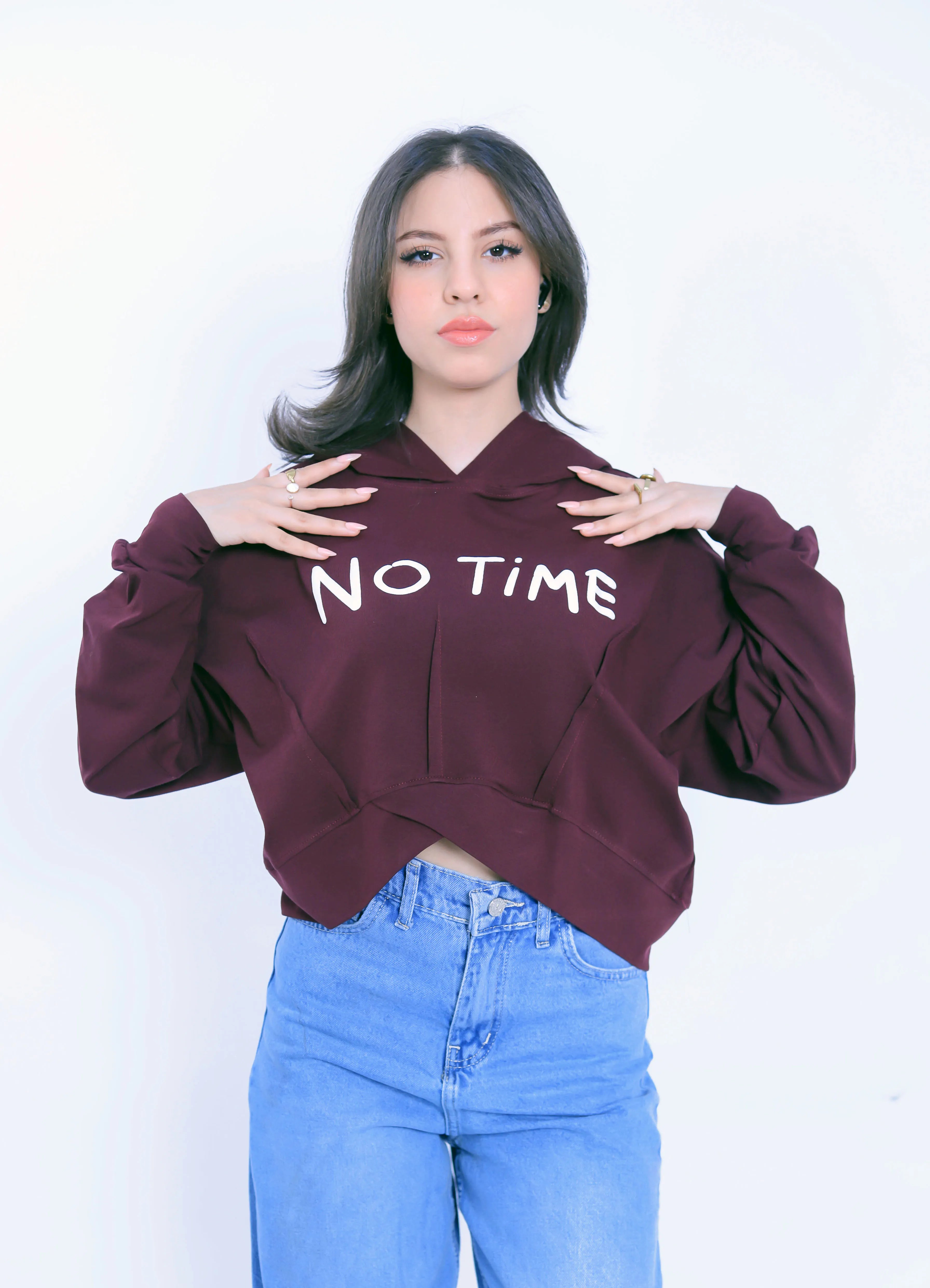 No Time Cropped Hoodie - Burgundy