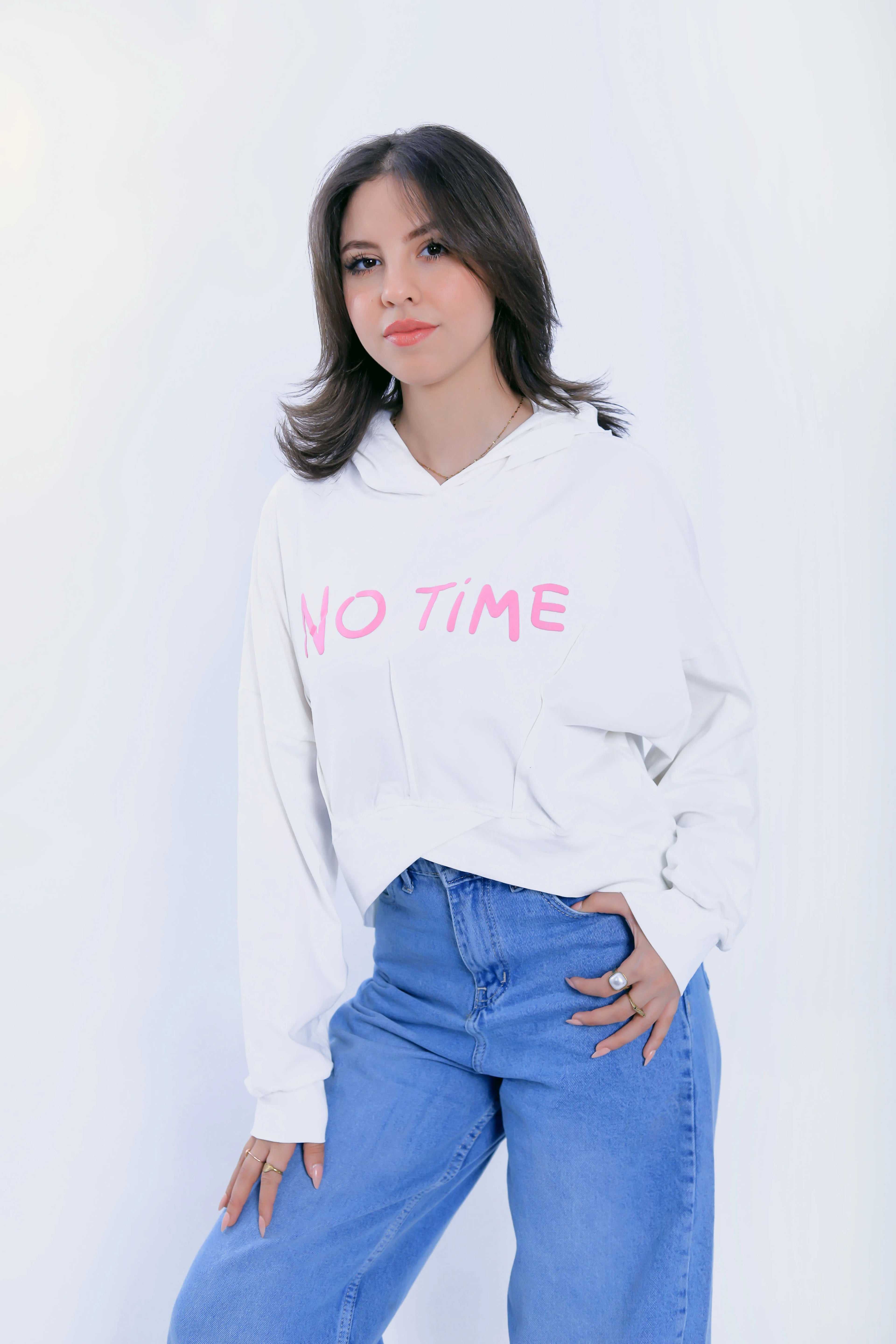 No Time Cropped Hoodie - White