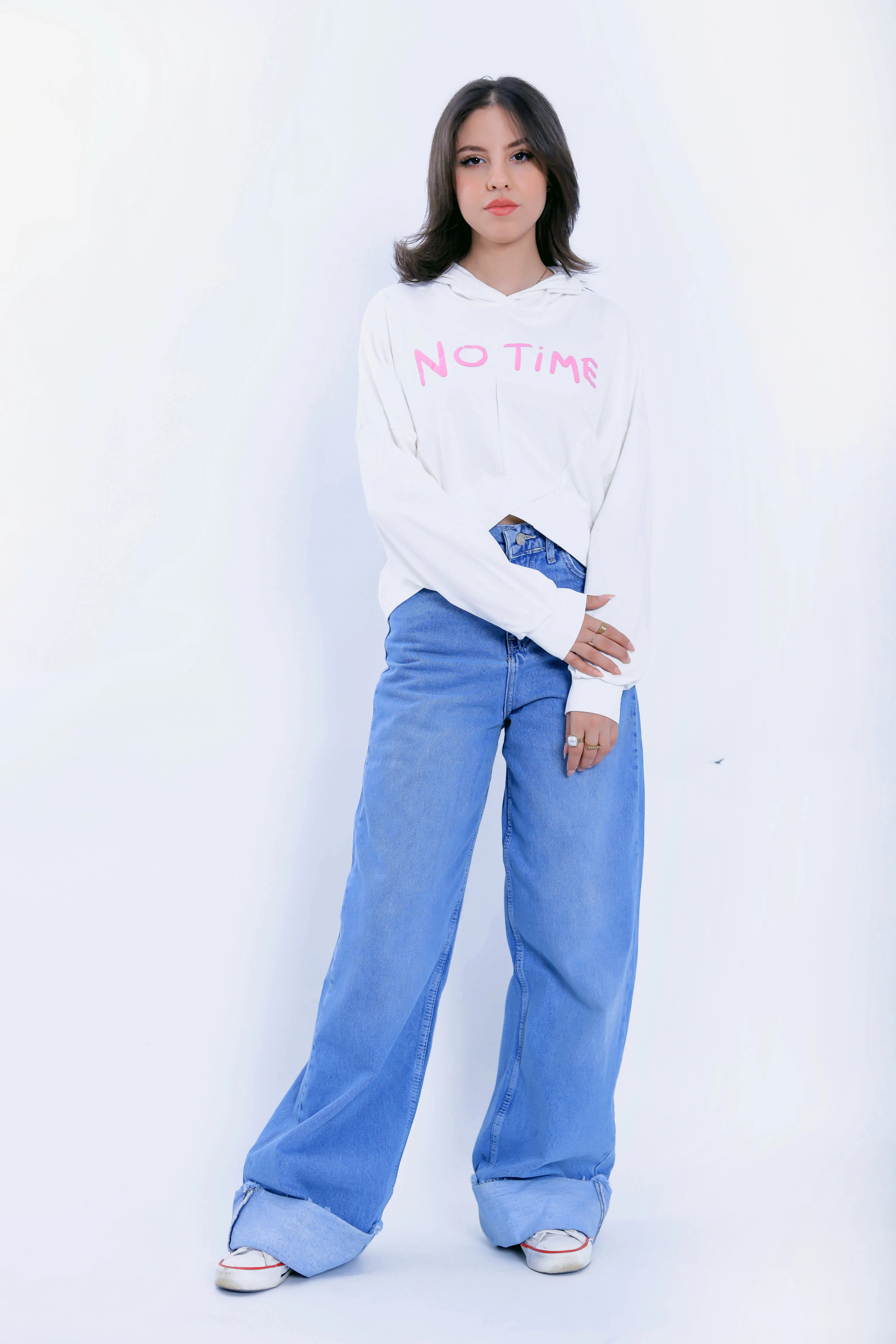 No Time Cropped Hoodie - White