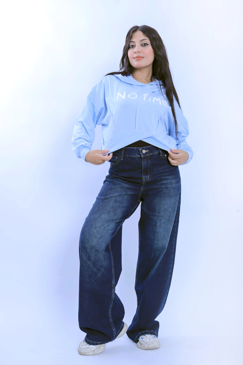 No Time Cropped Hoodie - Light Blue