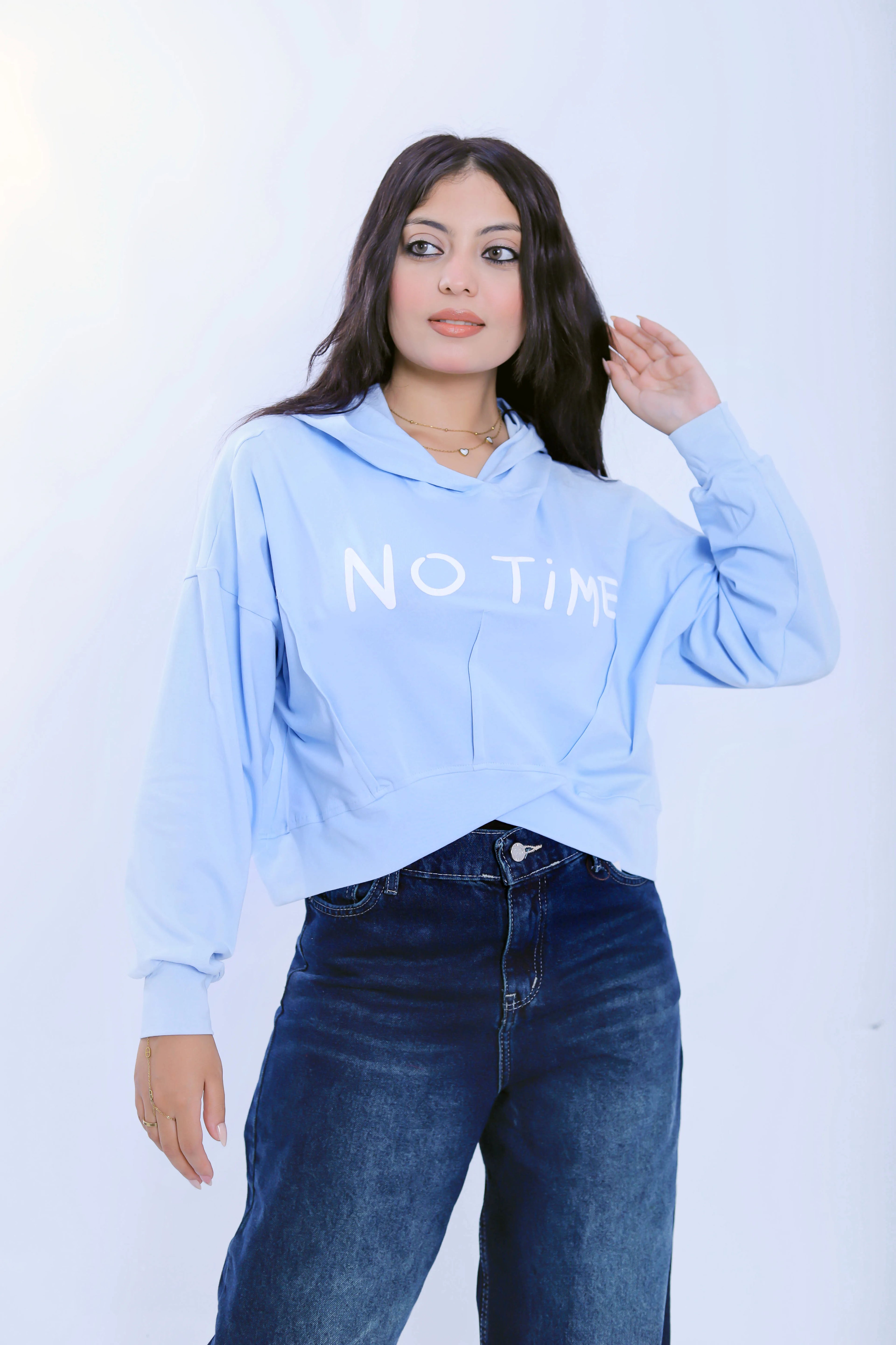 No Time Cropped Hoodie - Light Blue