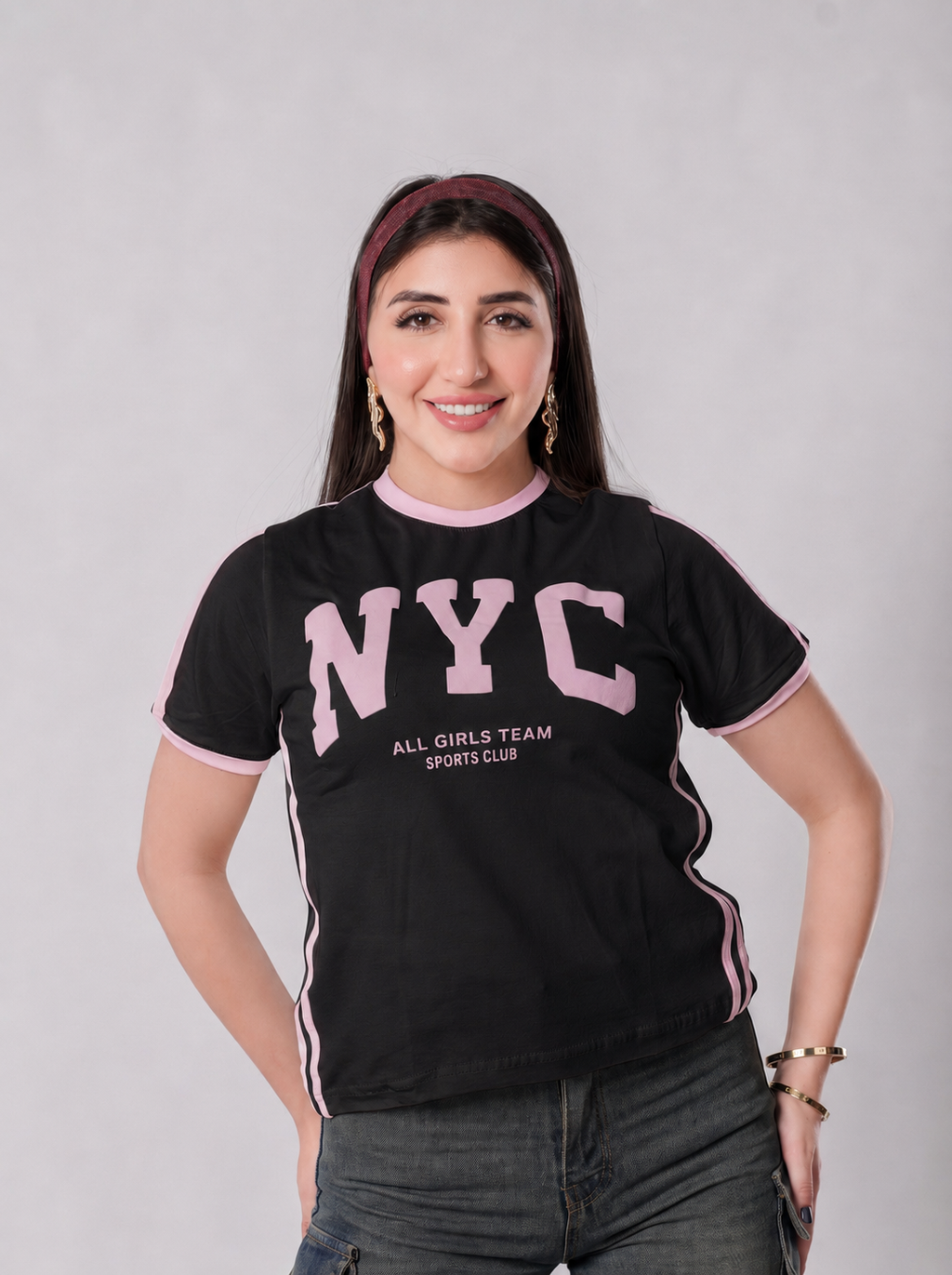 تيشيرت NYC أول جيرلز تيم بحواف متباينة - A400 - أسود