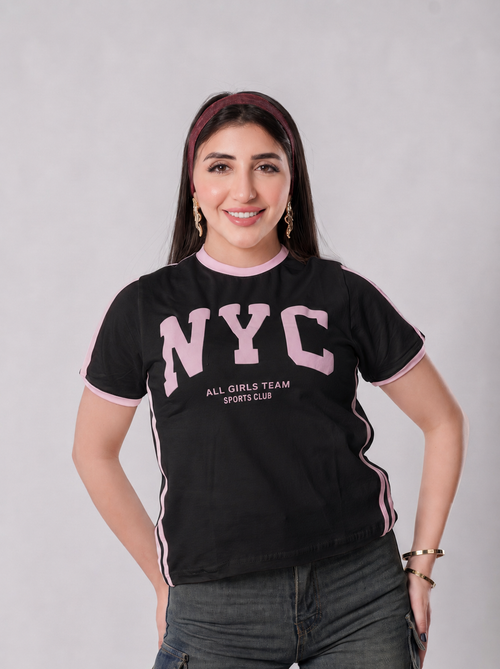 تيشيرت NYC أول جيرلز تيم بحواف متباينة - A400 - أسود