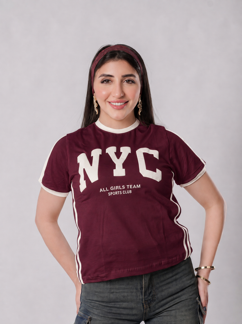 تيشيرت NYC أول جيرلز تيم بحواف متباينة - A400 - نبيتي