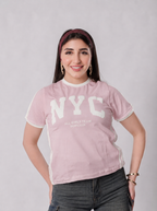 تيشيرت NYC أول جيرلز تيم بحواف متباينة - A400 - وردي