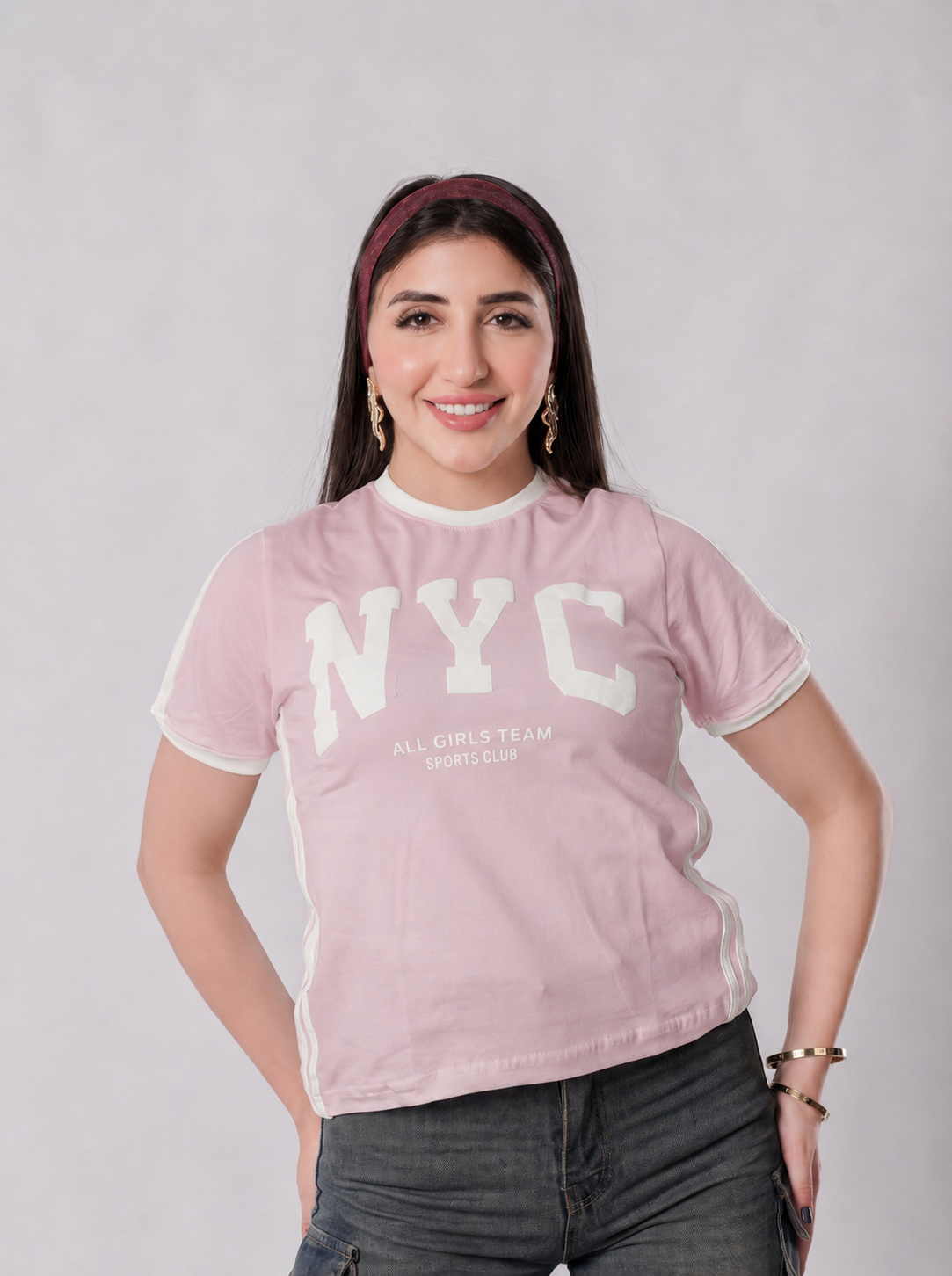 تيشيرت NYC أول جيرلز تيم بحواف متباينة - A400 - وردي