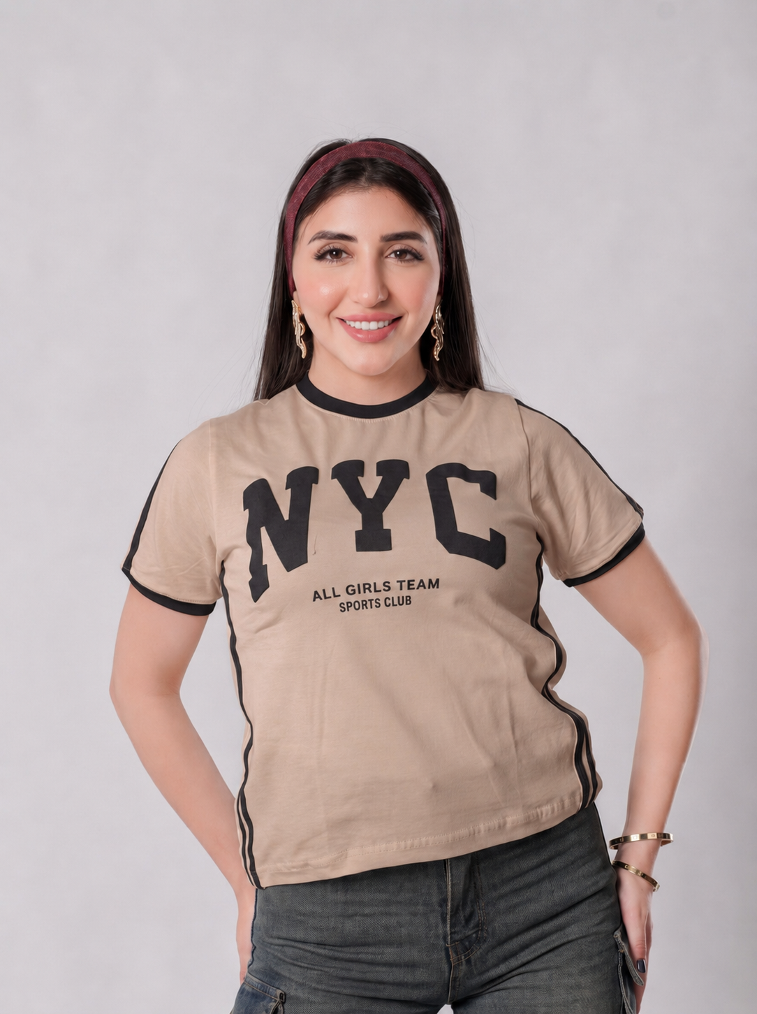 تيشيرت NYC أول جيرلز تيم بحواف متباينة - A400 - بيج