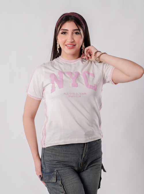 تيشيرت NYC أول جيرلز تيم بحواف متباينة - A400 - أبيض