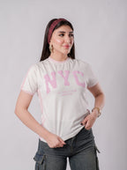 تيشيرت NYC أول جيرلز تيم بحواف متباينة - A400 - أبيض