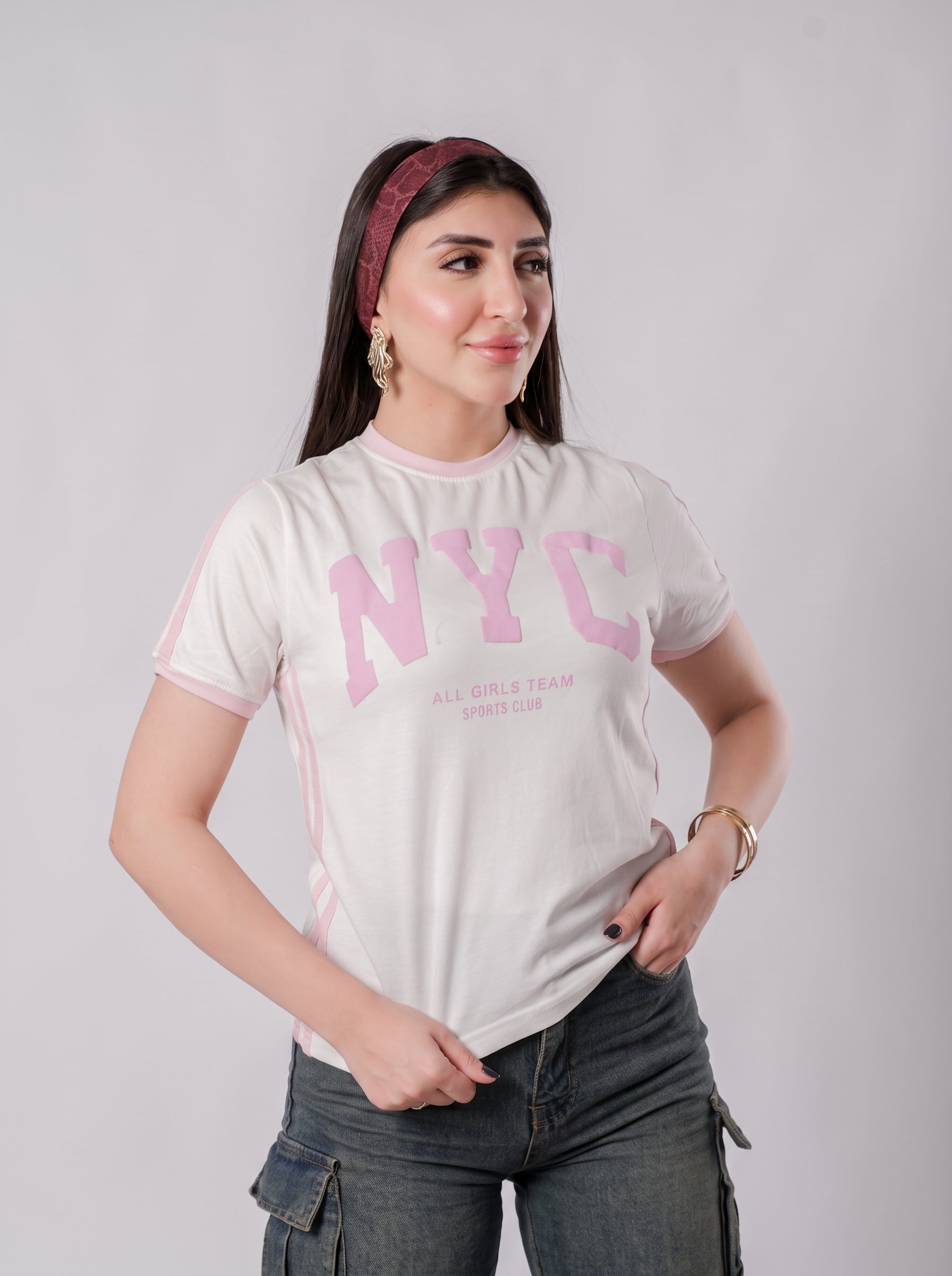 تيشيرت NYC أول جيرلز تيم بحواف متباينة - A400 - أبيض