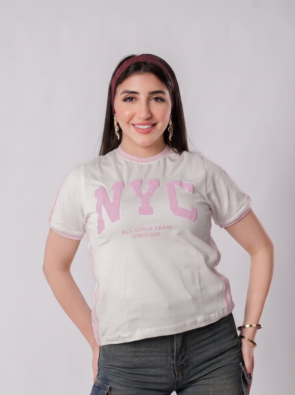 تيشيرت NYC أول جيرلز تيم بحواف متباينة - A400 - أبيض
