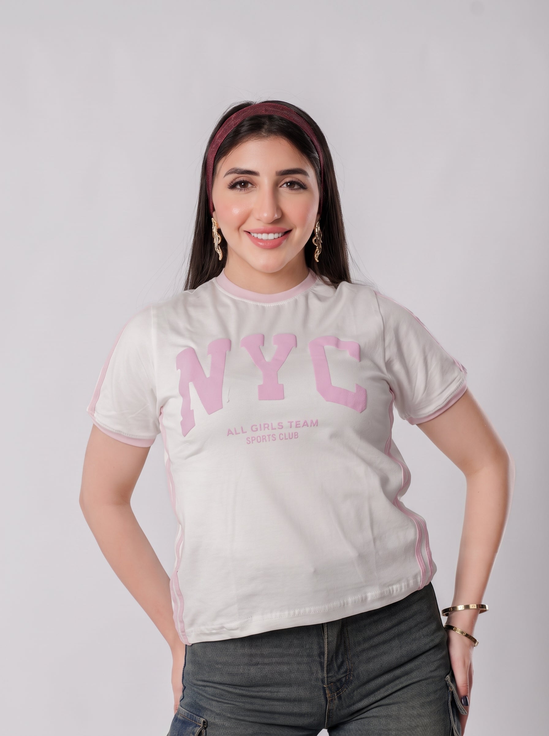 تيشيرت NYC أول جيرلز تيم بحواف متباينة - A400 - أبيض