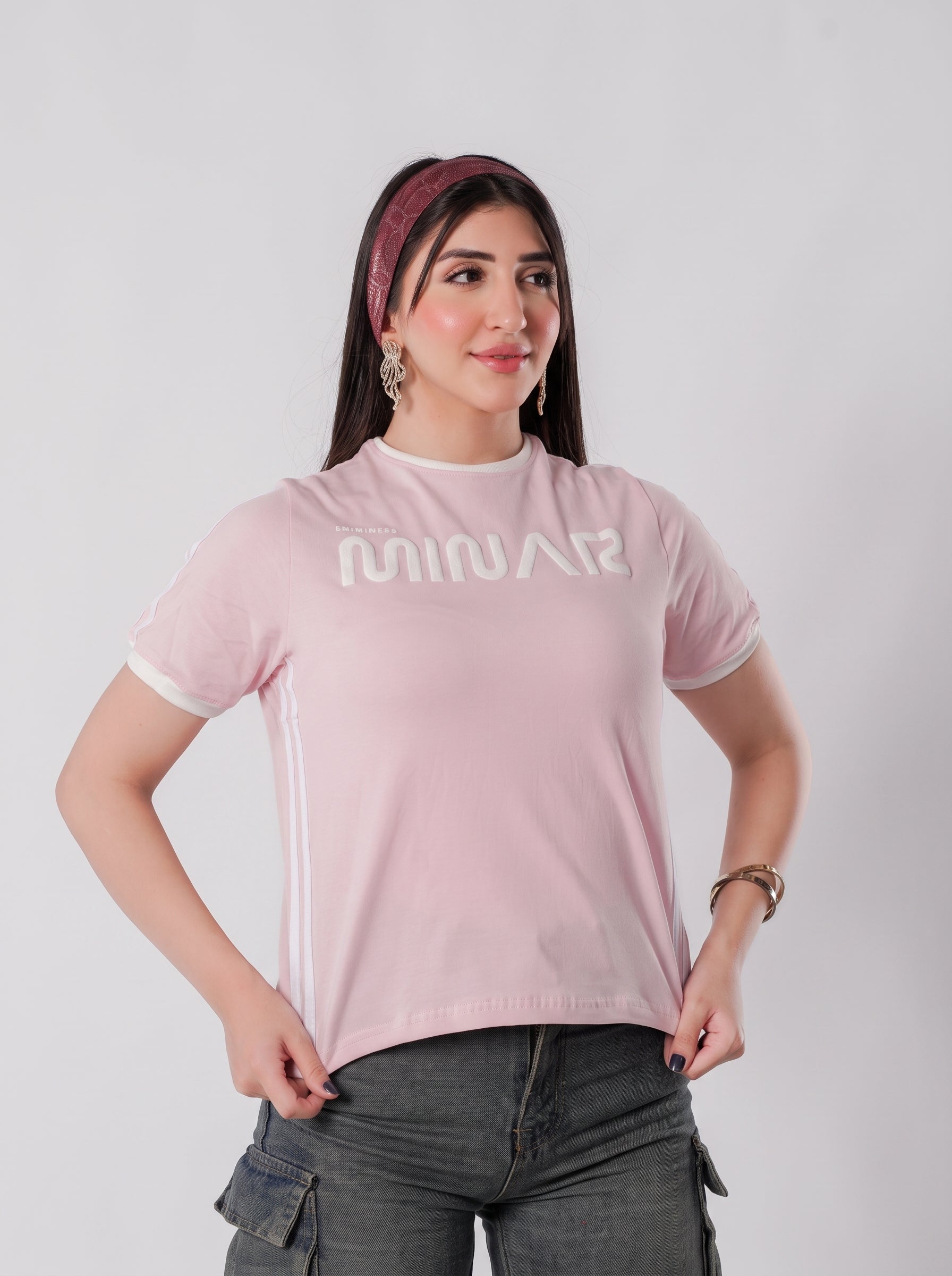 تيشيرت مينار بخطوط جانبية وقصة عادية - A600 - وردي