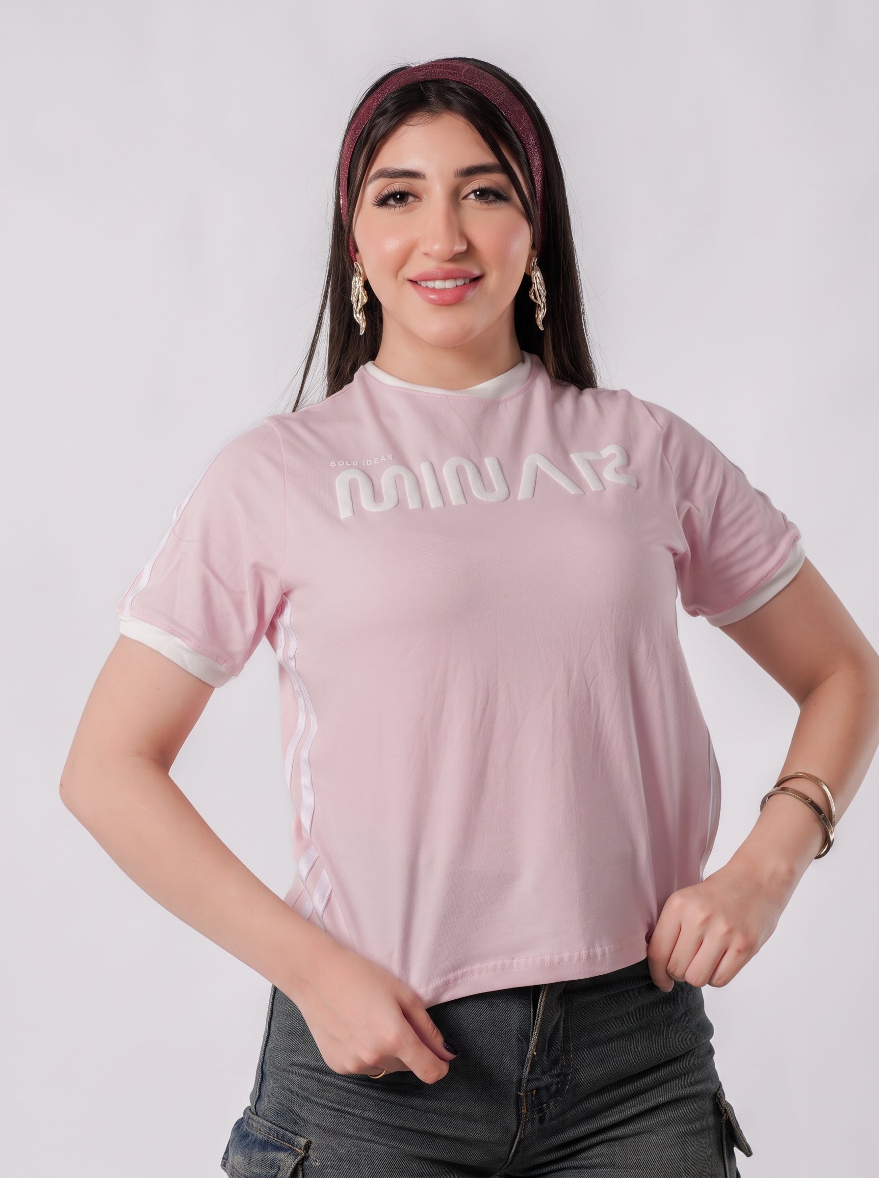 تيشيرت مينار بخطوط جانبية وقصة عادية - A600 - وردي