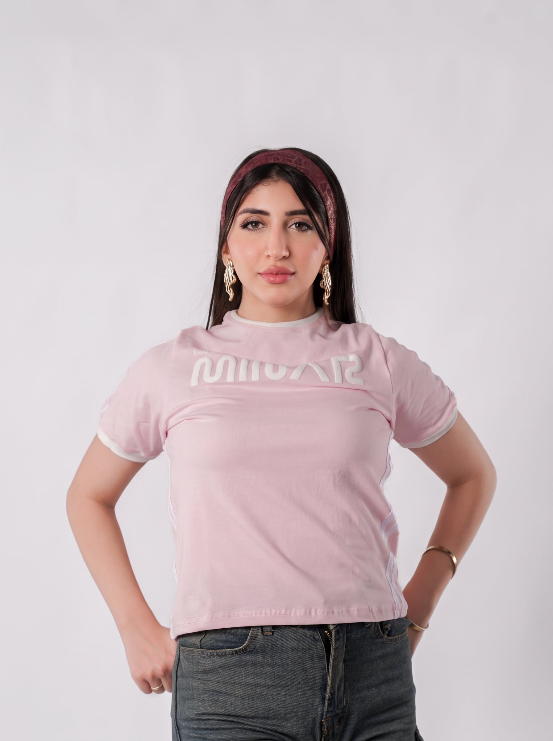 تيشيرت مينار بخطوط جانبية وقصة عادية - A600 - وردي