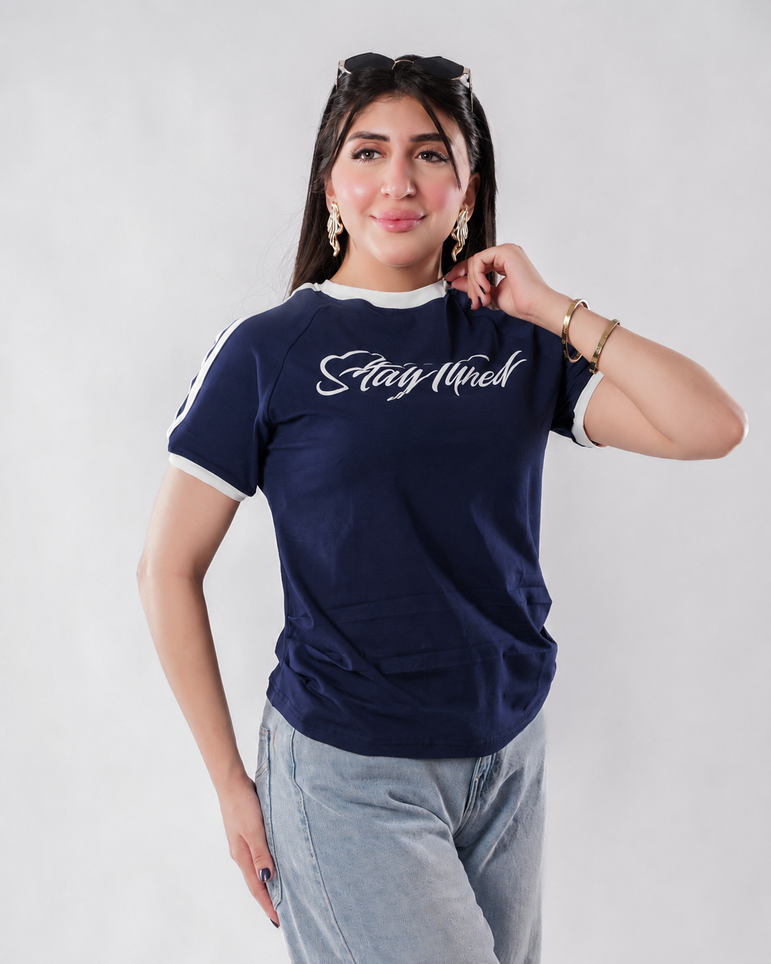 تيشيرت ستاي تيوند بحواف متباينة - D100 - كحلي