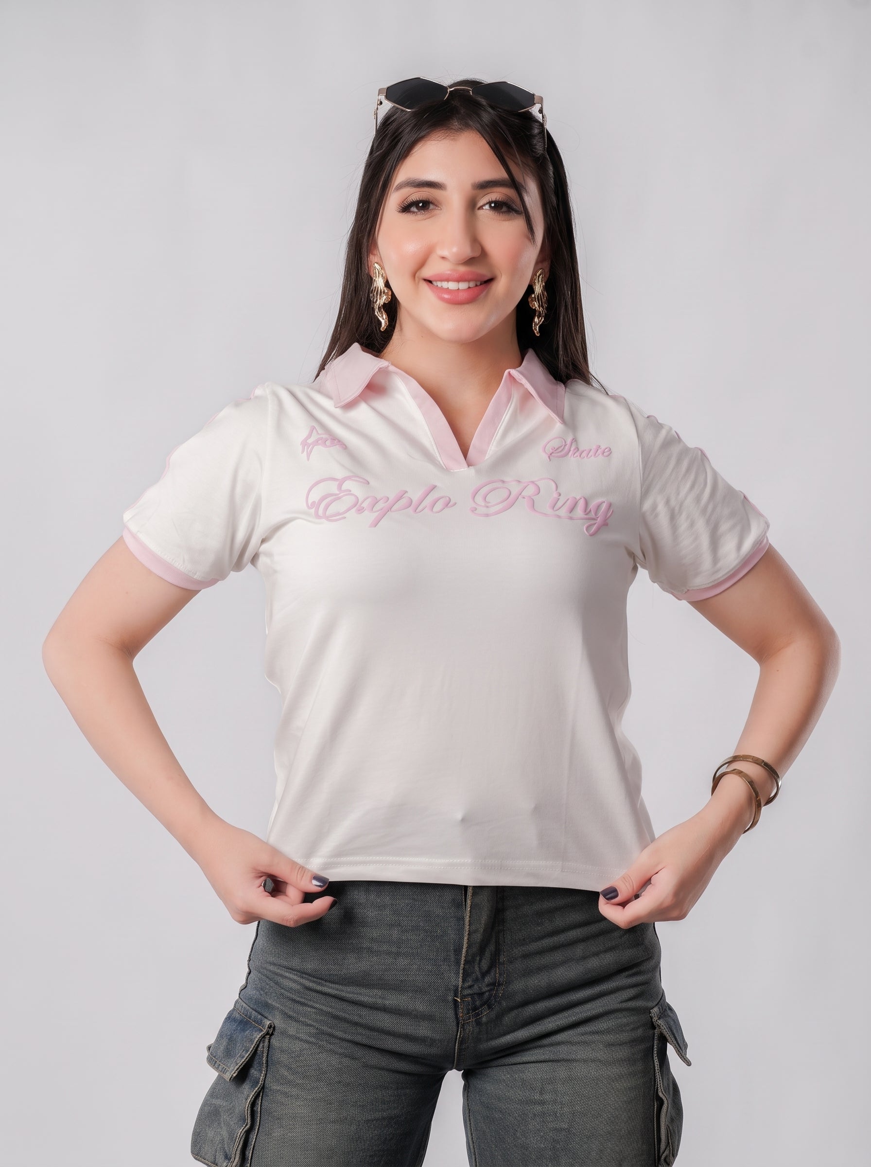 تيشيرت بولو إكسبلو رينج بياقة متباينة - P300 - أبيض