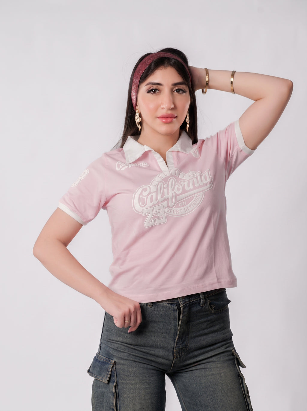 تيشيرت بولو P800 - وردي / أبيض