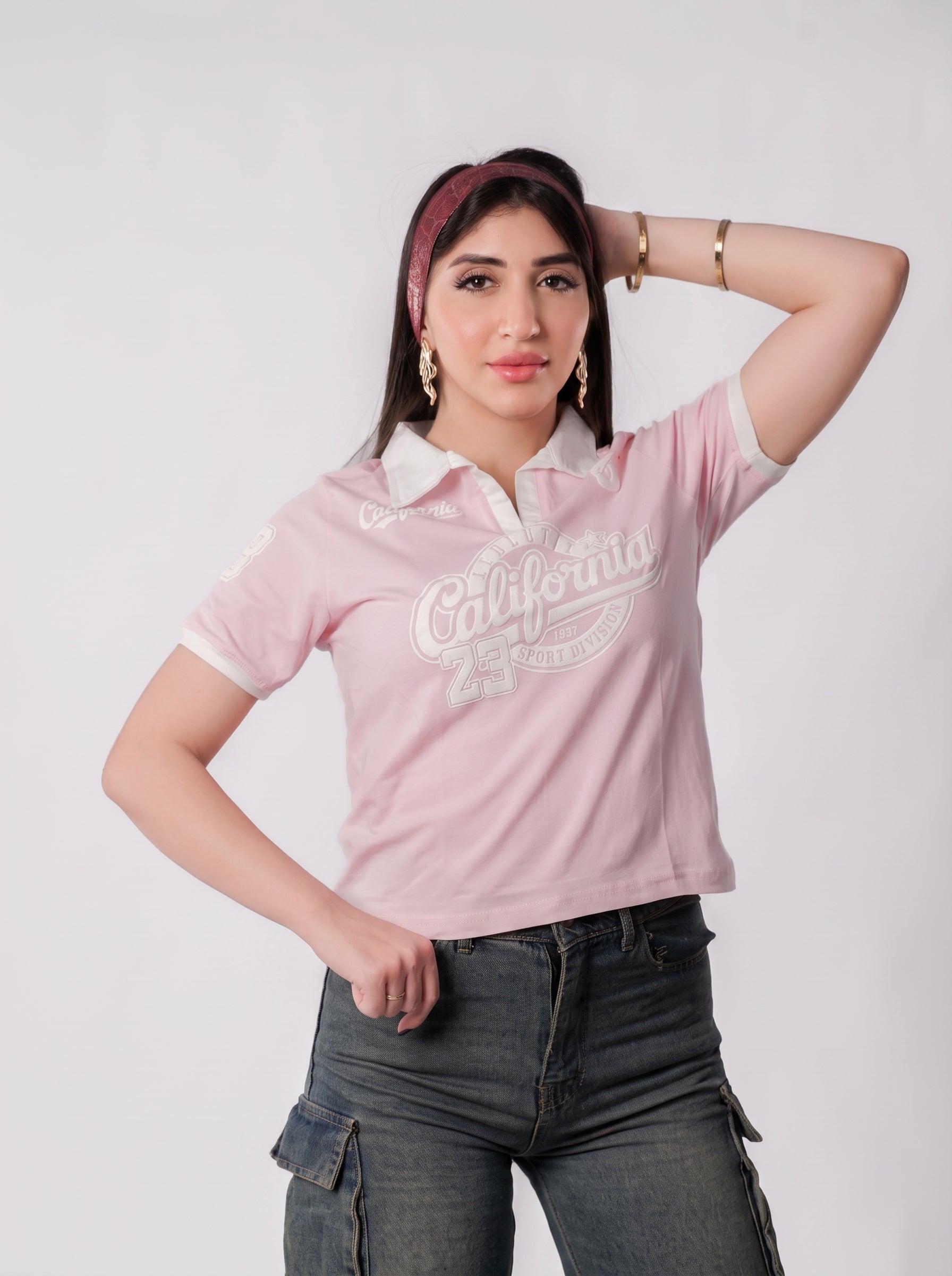 تيشيرت بولو P800 - وردي / أبيض